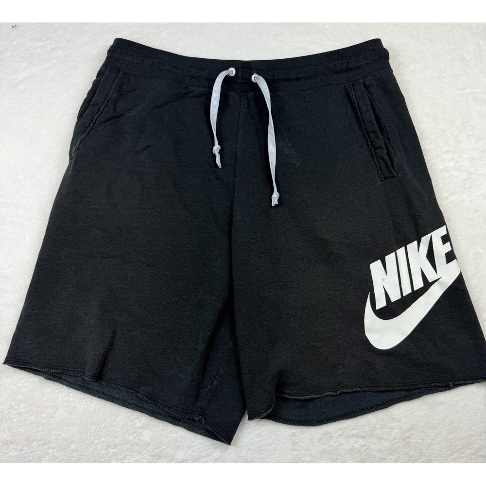 Nike Mens Large Black Big White Logo Sweat Shorts Drawstring Raw Hem